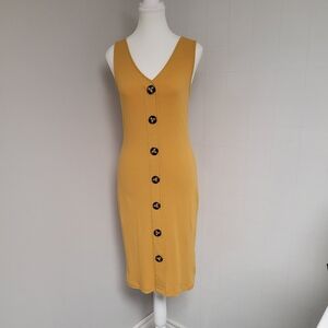 Retrod Ribbed Knit Tank Dress Buttons Mustard M